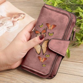 Women Butterfly Four Fold Wallet Purse 14 Card Slot 5.5 Inch Phone Bag