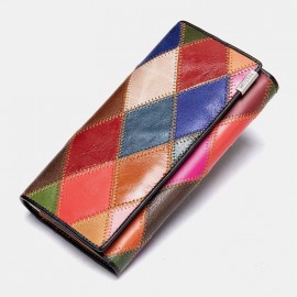 Women Genuine Leather Bifold Colored Geometric Pattern Multi-card Slot Card Case Money Clip Coin Purse Long Clutch Wallets