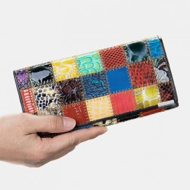 Women Genuine Leather Bifold Colored Geometric Pattern Multi-card Slot Card Case Money Clip Coin Purse Long Clutch Wallets