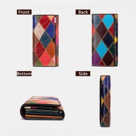 Women Genuine Leather Bifold Colored Geometric Pattern Multi-card Slot Card Case Money Clip Coin Purse Long Clutch Wallets