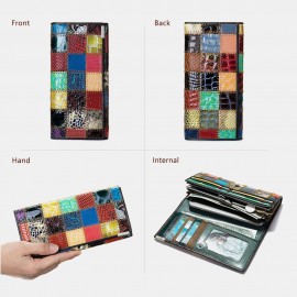 Women Genuine Leather Bifold Colored Geometric Pattern Multi-card Slot Card Case Money Clip Coin Purse Long Clutch Wallets