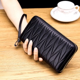 Women Genuine Leather RFID Organ Design Multi-card Slot Clutch Purse Long Wallet