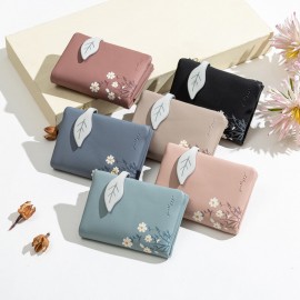 Women PU Leather Floral Printing Casual Mini Easy Carry Money Clip Card Holder Wallet