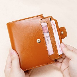 Women Genuine Leather Bifold Short RRFID Anti-magnetic Wallet 17 Card Slot Card Case Coin Purse