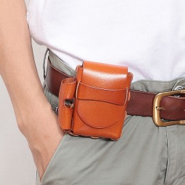 Men Genuine Leather Cigaret Case Storage Bag Retro Waterproof Waist Bag Belt Bag