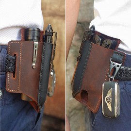 Men EDC Vintage Multifunction Wear-resistant Genuine Leather Waist Bag Keychain Tactical Bag