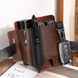 Men EDC Vintage Multifunction Wear-resistant Genuine Leather Waist Bag Keychain Tactical Bag