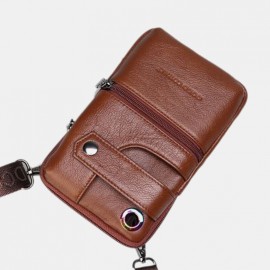 Men Genuine Leather Retro Business Double Layers 6.5 Inch Phone Bag Waist Bag With Belt Loop