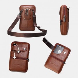 Men Genuine Leather Retro Business Double Layers 6.5 Inch Phone Bag Waist Bag With Belt Loop