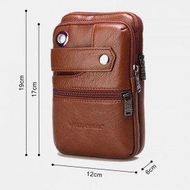 Men Genuine Leather Retro Business Double Layers 6.5 Inch Phone Bag Waist Bag With Belt Loop