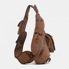 Men Genuine Leather And Canvas Travel Outdoor Carrying Bag Multi-pocket Crossbody Bag Chest Bag