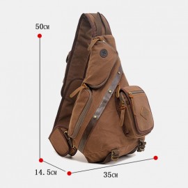 Men Genuine Leather And Canvas Travel Outdoor Carrying Bag Multi-pocket Crossbody Bag Chest Bag