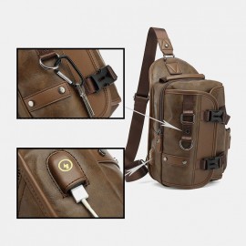 Men PU Leather Vintage Multifunction Earphone Hole USB Charging Crossbody Bag Chest Bag Sling Bag