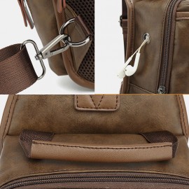 Men PU Leather Vintage Multifunction Earphone Hole USB Charging Crossbody Bag Chest Bag Sling Bag