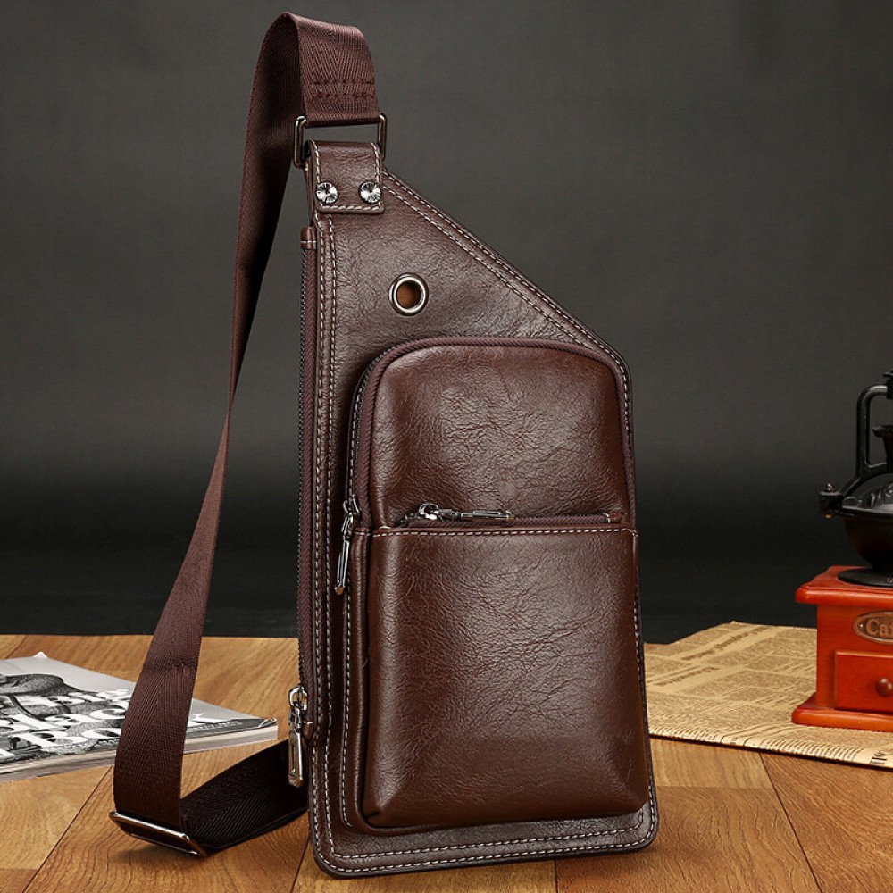 Men Retro PU Leather Headphone Hole Design Chest Bag Multi-pocket Waterproof Zipper Crossbody Bag Shoulder Bag