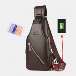 Men PU Leather USB Charging Waterproof Earphone Hole Business Crossbody Bag Chest Bag Sling Bag