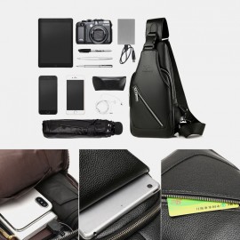 Men PU Leather USB Charging Waterproof Earphone Hole Business Crossbody Bag Chest Bag Sling Bag