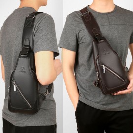 Men PU Leather USB Charging Waterproof Earphone Hole Business Crossbody Bag Chest Bag Sling Bag