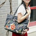 Women Canvas Ethnic Style Embroidered Floral Large Capacity Handbag Shoulder Bag Tote