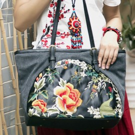 Women Canvas Ethnic Style Embroidered Floral Large Capacity Handbag Shoulder Bag Tote