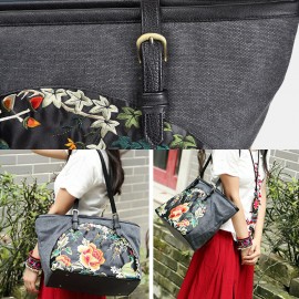 Women Canvas Ethnic Style Embroidered Floral Large Capacity Handbag Shoulder Bag Tote