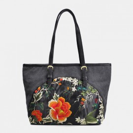 Women Canvas Ethnic Style Embroidered Floral Large Capacity Handbag Shoulder Bag Tote