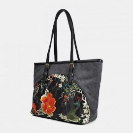 Women Canvas Ethnic Style Embroidered Floral Large Capacity Handbag Shoulder Bag Tote