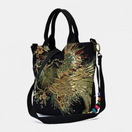 Women Canvas Embroidery Peacock Pattern Ethnic Style Multi-carry Handbag Crossbody Bag Shoulder Bag