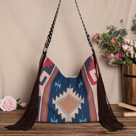 Women Felt Vintage Geometry Pattern Large Capacity Shoulder Bag Tote Handbag With Tassel