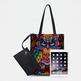 Color Owl Print Pattern Leather Tote Bag Sticker Shoulder Bag Handbag Tote With Built-in Small Bag