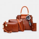 Women 4PCS Casual Handbag Solid Crocodile Pattern Fluffy Ball Shoulder Bag