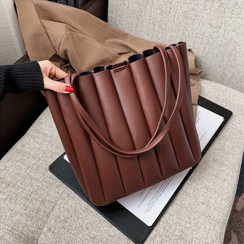 2 Pcs Women PU Leather Stripe Small Square Bag Large Capacity Ruched Bag Handbag Shoulder Bag