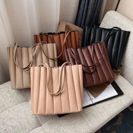 2 Pcs Women PU Leather Stripe Small Square Bag Large Capacity Ruched Bag Handbag Shoulder Bag