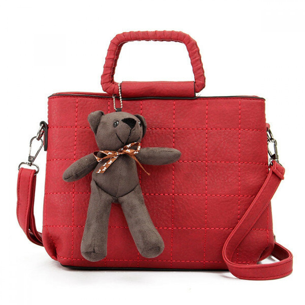 Retro Women PU Leather Plaid Bear Handbags Ladies Elgant Shoulder Bags Crossbody Bags