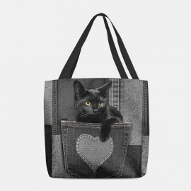 Women Felt Cute 3D Three-dimensional Black Cat Inside Jeans Pattern Shoulder Bag Handbag Tote