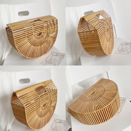 Women Bamboo Weaving Solid Color Hollow Saddle Shape Straw Bag Handbag