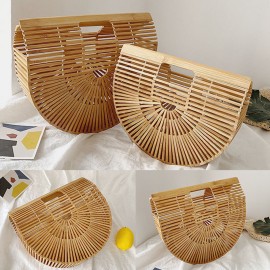 Women Bamboo Weaving Solid Color Hollow Saddle Shape Straw Bag Handbag