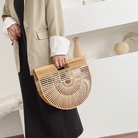 Women Bamboo Weaving Solid Color Hollow Saddle Shape Straw Bag Handbag